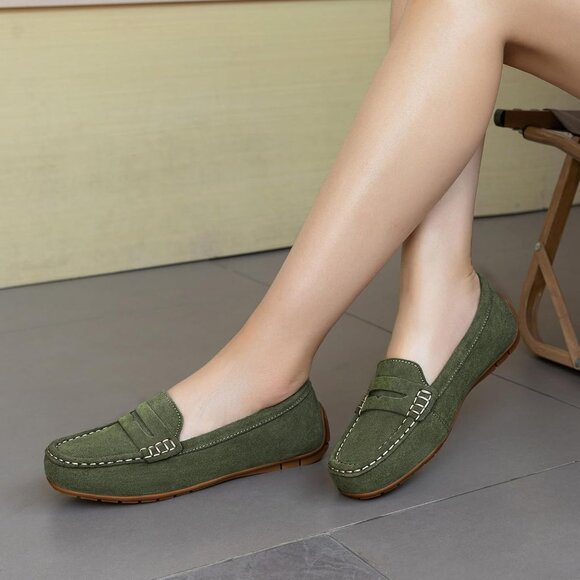 Kordal Women Army Green Suede Gold Accent Buckle Slip-Ons Walking Flats Loafers - Picture 6 of 9